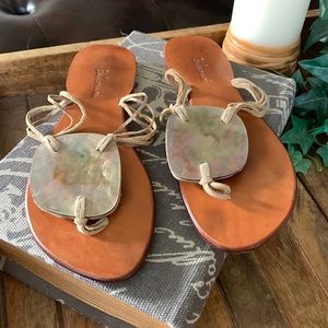 Balamani Sandles with abalone she’ll on top with leather strapping.